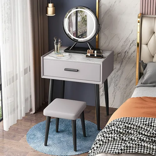 Vista 8 de Juego de mesa de tocador con espejo de brillo ajustable y taburete acolchado, mesa de maquillaje con cajón grande para mujeres, niñas pequeñas Gris