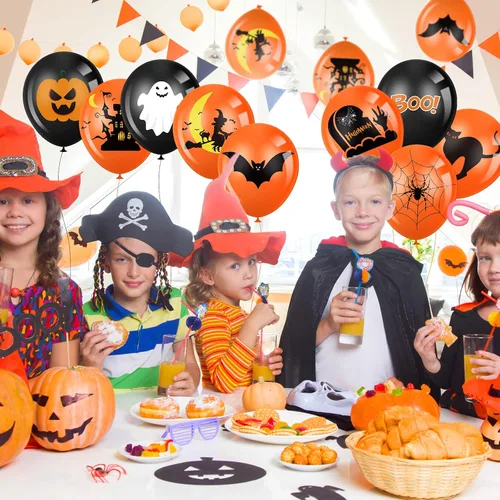 Vista 6 de Aoriher 45 globos de fiesta de Halloween, globos de látex negro naranja feliz Halloween impresos con calabaza, fantasma, murciélago, telaraña, bruja