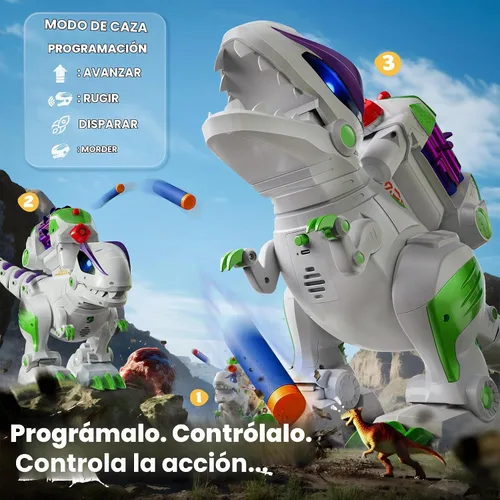 Vista 8 de Ruko 8809 Juguetes de dinosaurio para niños, gran T-Rex de control remoto recargable, con funciones programables, camina, ruge, ojos LED y disparo