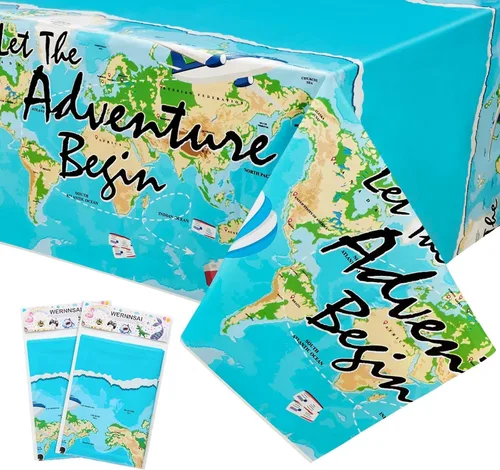 Vista 8 de WERNNSAI Mantel de viaje – 1 mantel de 108 x 54 pulgadas con mapa del mundo Adventure World Awaits Bon Voyage - Decoraciones de fiesta