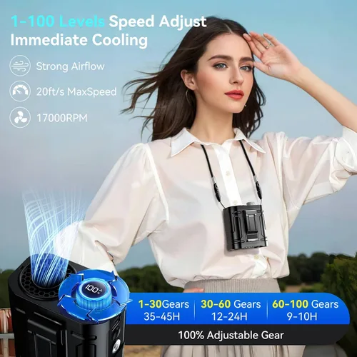 Vista 3 de Ventilador de cintura portátil de 12000 mAh, 100 velocidades, 17000 rpm, fuerte flujo de aire, ventilador de cinturón con hasta 45 horas de tiempo