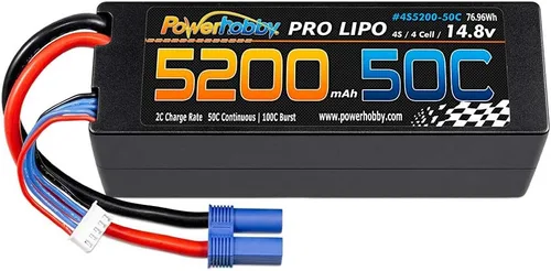 Vista 5 de Powerhobby 4S 14.8V 5200mAh 50C Lipo - Estuche rígido con batería de 4 celdas con enchufe EC5, paquete de 2