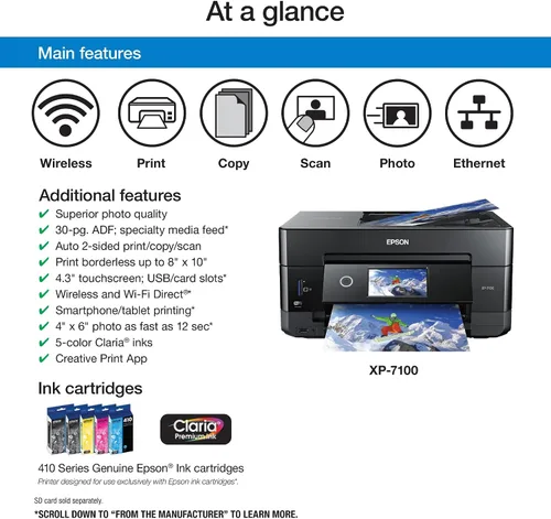 Vista 4 de Epson Expression Premium XP-7100 Impresora fotográfica inalámbrica a color con ADF, escáner y copiadora, negro, pequeño y papel fotográfico premium