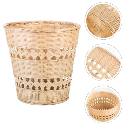 Vista 9 de Cabilock Bote de basura de bambú hecho a mano cesta tejida para el hogar basura, cesta de papel, contenedor de basura tejido de estilo rústico