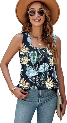 Vista 2 de AGSEEM Camisetas sin mangas de verano para mujer, ajuste holgado, plisado, cuello cuadrado, sin mangas, dobladillo curvado, fluido