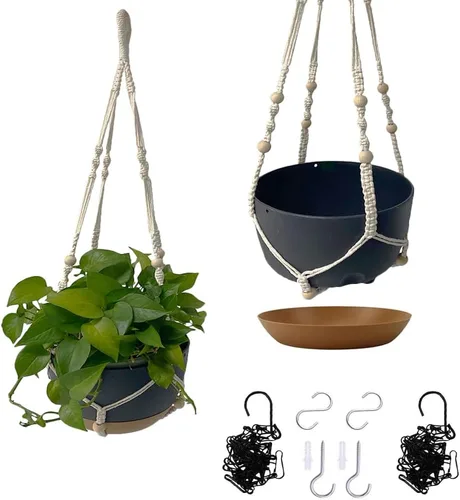Vista 9 de Macetas colgantes de autorriego, juego de 2 colgadores de plantas de macramé bohemio, macetas colgantes con drenaje para interiores y exteriores