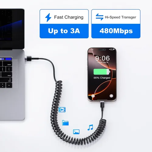 Vista 4 de CarPlay - Paquete de 2 cables de carga en espiral USB A a USB C para iPhone 15, cable de carga corto para automóvil/Uber, sincronización de datos