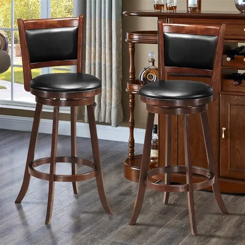 Vista 4 de Taburetes de bar altos de 29 pulgadas con respaldo y cojín de PVC, silla de comedor de madera, asiento tapizado, silla retro para sala de estar