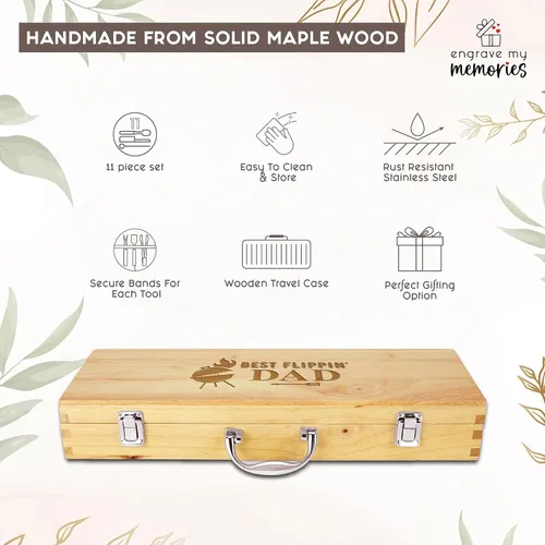 Vista 8 de Juego de parrilla BBQ de 11 piezas con caja de madera de arce grabada, herramientas de barbacoa de acero inoxidable premium con mangos de madera