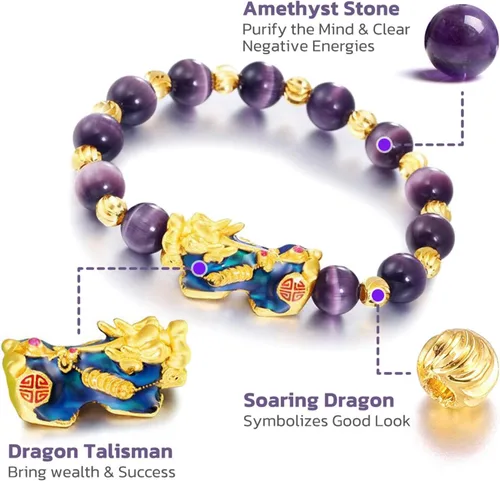 Vista 3 de FengShui Pi Xiu Pulsera de amatista, pulsera Pi Xiu Good Luck Feng Shui, pulseras de cuentas de amatista, amuleto de riqueza Pi Yao, joyería