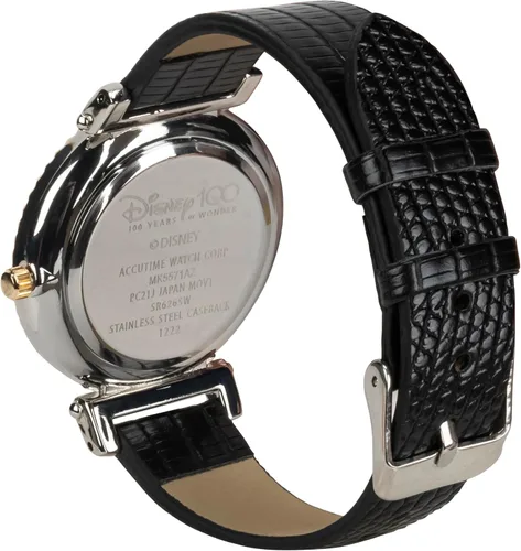Vista 4 de Accutime Disney 100 Mickey Mouse - Reloj analógico negro para hombres y adultos con correa de cuero, movimiento de cuarzo japonés (Modelo MK5571AZ)