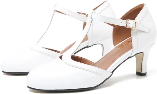 Vista 2 de LIURUIJIA Zapatos de tacón bajo Mary Jane para mujer, estilo retro, punta redonda, correa en T, D'Orsay para baile de graduación, talla grande