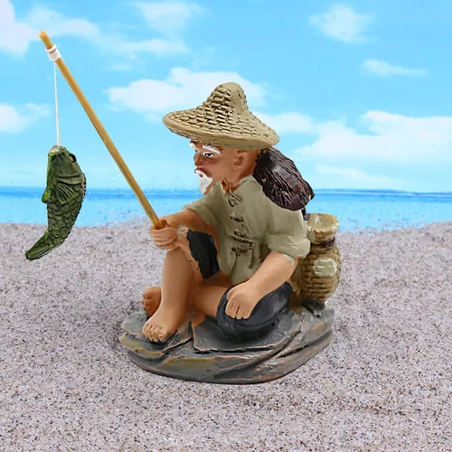 Vista 7 de 4 mini figuras de pescador, mini estatua de pescador para acuario, decoración zen asiática, figura de bonsái de pescador de resina en miniatura