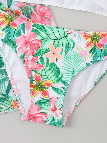 Vista 5 de OYOANGLE Traje de baño de 3 piezas con estampado tropical cruzado para niña con kimono