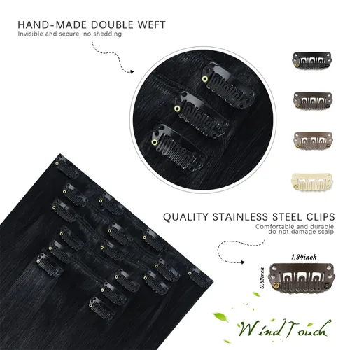Vista 7 de WindTouch - Extensiones de cabello humano liso con pinzas, color negro azabache, 2.47 onzas, N.° 1, 12 pulgadas, 7