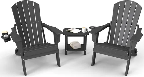 Vista 13 de Juego de sillas plegables Adirondack de 3 piezas, respaldo extra alto de 38 pulgadas y grano de madera en relieve, muebles de patio de polietileno