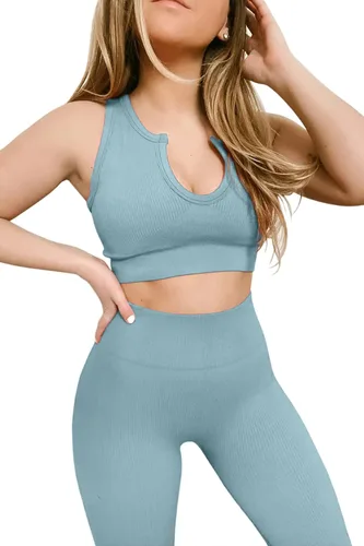 Vista 5 de QINSEN Conjuntos de entrenamiento para mujer, 2 piezas, acanalados, sin costuras, sin mangas, cintura alta, leggings de yoga