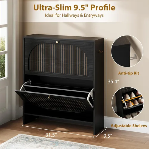Vista 2 de Nicetree Arch-Chic - Armario de zapatos para entrada, moderno gabinete de almacenamiento de zapatos de mediados de siglo con estriado y estrecho