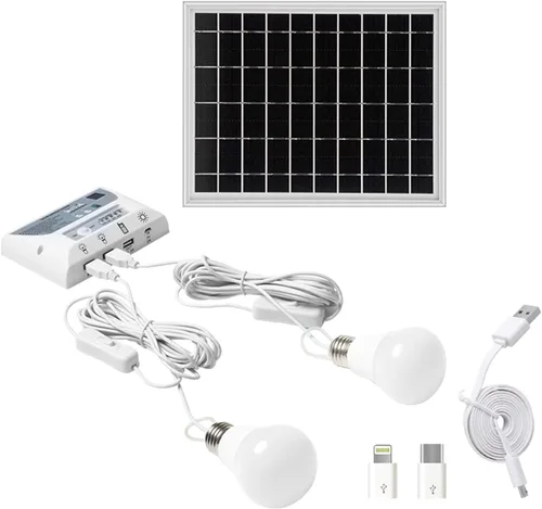 Vista 2 de Irfora Kit de iluminación de panel solar, lámpara solar portátil brillante para exteriores con panel de 4.5 W y bombillas LED de 1 W + 2 W, sistema