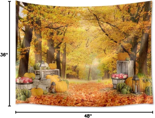 Vista 5 de HVEST Tapiz de hojas de arce otoñales para colgar en la pared, hojas de arce caídas, bosque y calabaza, tapiz para colgar en la pared, tapiz