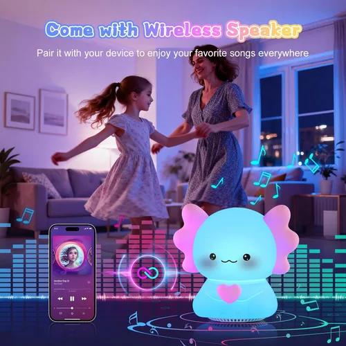 Vista 4 de Luz nocturna para niños con altavoz inalámbrico, portátil de 7 colores, lámpara de noche de tacto cálido regulable con control remoto, máquina