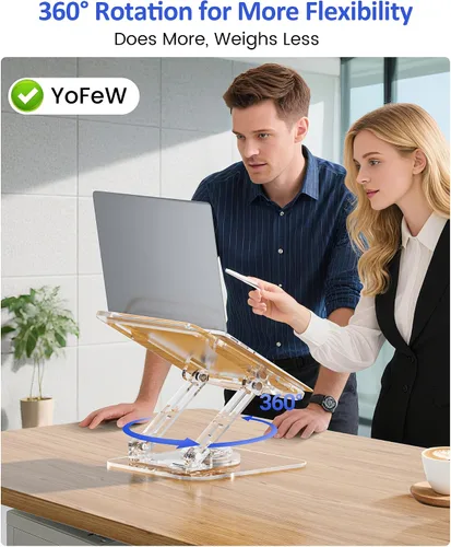 Vista 3 de Soporte para computadora portátil para escritorio, elevador acrílico transparente ajustable y plegable con base giratoria de 360°, soporte