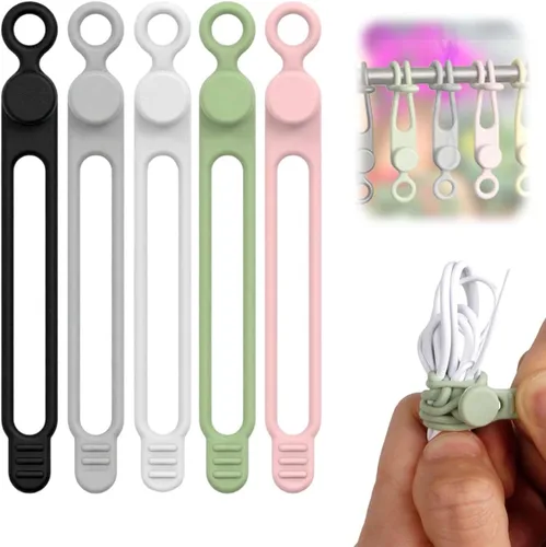 Vista 11 de Reusable Silicone Cable Organizer, Cord Holder Wire Ties for Bundling Charger Cables, Home Office Travel Gadgets (Green-5pc)