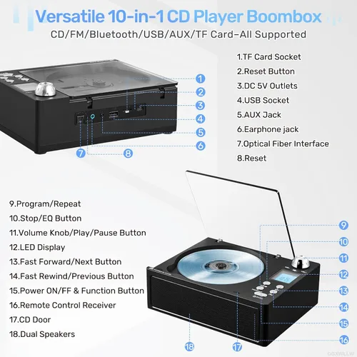 Vista 2 de Boombox reproductor de CD portátil, Boombox recargable de 4000 mAh con reproducción de CD-R/RW/MP3, radio FM/USB/TF/AUX/control remoto, Bluetooth