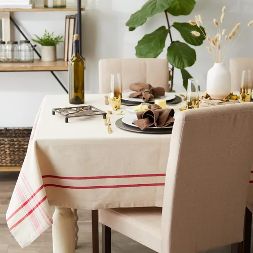 Vista 4 de DII - Mantel para mesa de comedor, estilo rústico, colección de manteles con rayas estilo francés, 60 x 84 pulgadas, color gris pardo/rojo