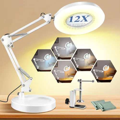Vista 8 de 12 lupas con luz y soporte, 144 LED más brillantes, 10 brillo regulable, 5 modos de color, lámpara de escritorio de metal manos libres para lectura