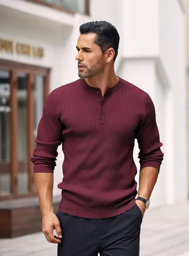 Vista 34 de COOFANDY Suéter de punto Henley para hombre, manga larga, con botones, ligero, para otoño, ajustado, acanalado