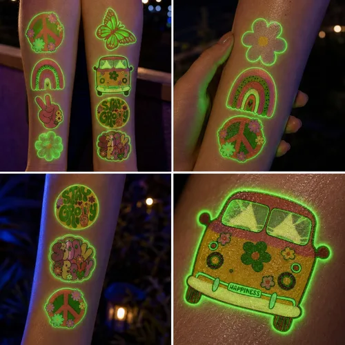 Vista 5 de 96 tatuajes temporales precortados de One Two Groovy de los años 60 y 70 para niños, suministros de fiesta temática de cumpleaños, decoración