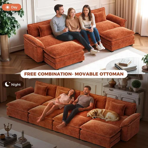 Vista 3 de Sofá modular de gran tamaño de 154 pulgadas, cómodo sofá en forma de U con 3 otomanas móviles, sofá moderno de felpilla de 7 plazas para sala