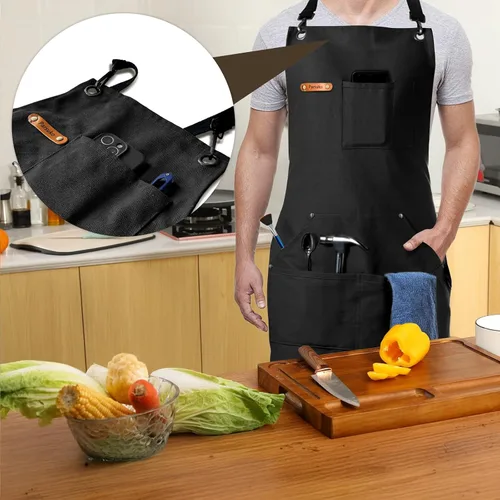 Vista 7 de Professional Work Chef Apron for Men Women, Duty Water-Resistant Cotton Canvas, Durable Adjustable, Cooking BBQ