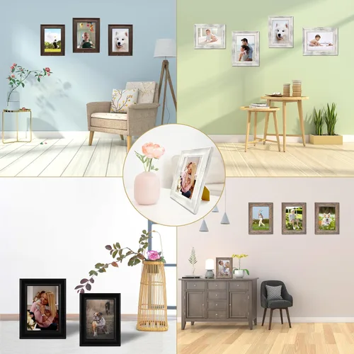 Vista 6 de Marcos de fotos de 3.5 x 5 pulgadas, diseño de madera negra, vidrio de alta definición para exhibición de mesa y montaje en pared, paquete de 4