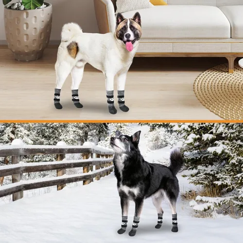 Vista 6 de KOOLTAIL Calcetines antideslizantes para perros para evitar que lamen las patas para pavimento caliente/congelado, botas de nieve largas
