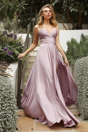 Vista 2 de MARSEN Vestidos de dama de honor de satén con cuello en V, tirantes delgados, vestido de graduación, vestido de fiesta formal de noche para boda