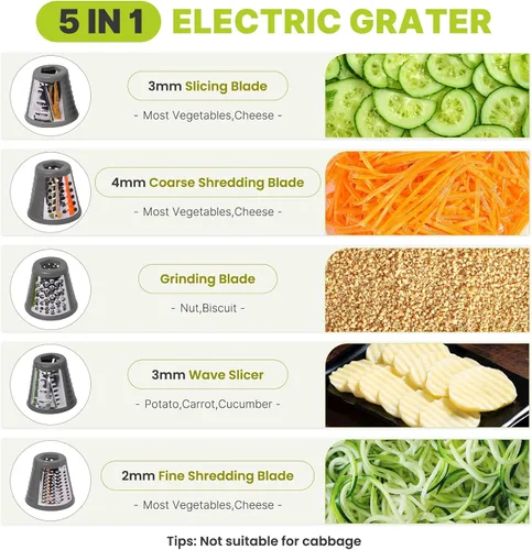 Vista 2 de Mokero Rallador de queso eléctrico 5 en 1 para queso, triturador automático de queso de cocina y tirador de ensaladas, picador de verduras fácil