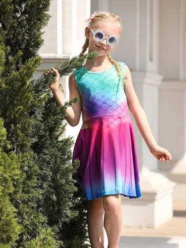 Vista 3 de Funnycokid - Vestido sin mangas informal estampado de fiesta para niñas de 4 a 13 años