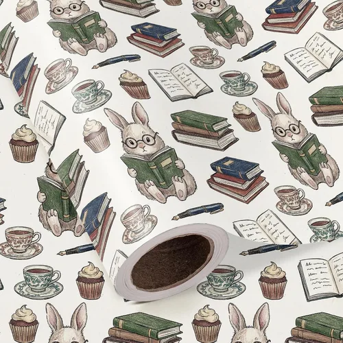 Vista 2 de WRAPAHOLIC Bookish Bunny - Rollo de papel de regalo, 17 pulgadas x 16.5 pies, conejo vintage con papel de regalo para niños y niñas, baby shower