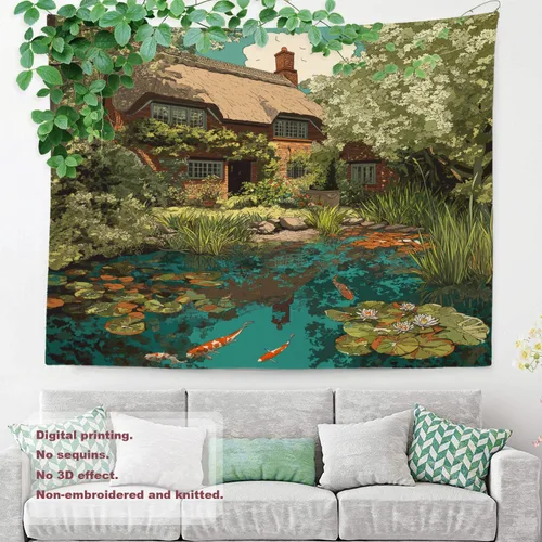 Vista 8 de Shrahala Peaceful Retreat Charming Abode Tapestry, Verdant Landscape Water Wall Hanging Hd Print Polyester Backdrop For Dorm Room Bedroom 30 X 40 In