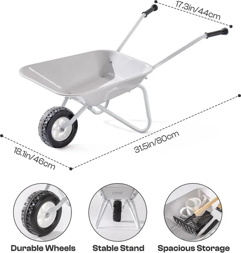 Vista 2 de ROBUD Herramientas de jardinería para niños, juego de juguetes al aire libre con carretilla para niños, 9 piezas de carretilla de metal para niños
