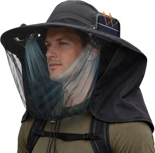 Vista 7 de Sombrero de red con 2 ventiladores solares de ala ancha con solapa para el cuello transpirable UPF 50+ para camping, senderismo, pesca