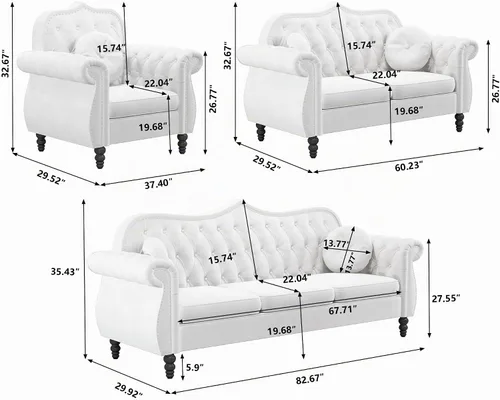 Vista 2 de AVZEAR Chesterfield - Juego de sofás seccional de 2 piezas para sala de estar, sofá tapizado en terciopelo moderno de mediados de siglo, sofá Blanco