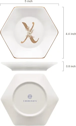 Vista 5 de CARAKNOTS Bandeja de joyería, regalos de Navidad, plato con anillo en X con monograma floral dorado, regalos personalizados para mujeres, plato