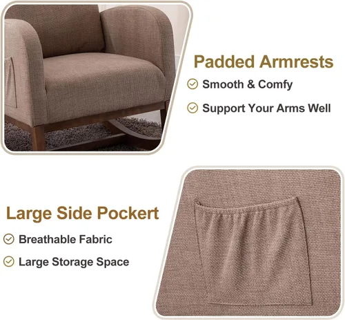 Vista 6 de Mecedora moderna, silla mecedora tapizada para bebé, cómoda silla con bolsillo lateral, sillón para sala de estar, respaldo alto con diseño