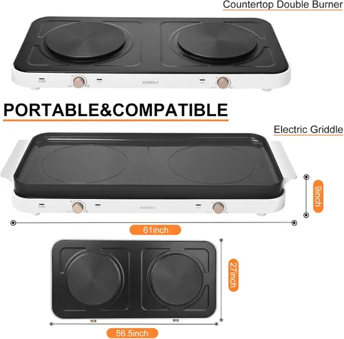 Vista 6 de AEWHALE Quemadores dobles para encimera con sartén extraíble antiadherente, placa caliente eléctrica de 1800 W, temperatura ajustable