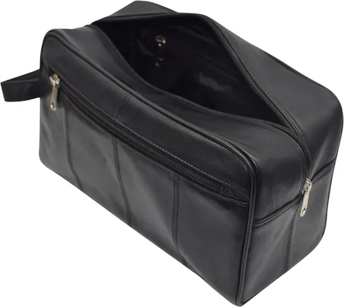 Vista 7 de MARSHAL Neceser de viaje de cuero genuino Dopp Kit organizador de viaje para hombres y mujeres, Negro -, Neceser