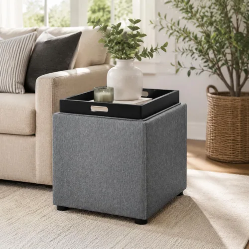 Vista 10 de Otomana Cuadrada con Almacenamiento con Bandeja, Pequeño Taburete de Reposapiés de Corderito, Mesa de Centro para Dormitorio y Sala de Estar, Gris