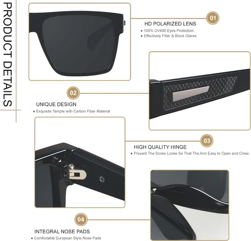 Vista 2 de ANDWOOD Gafas de sol polarizadas cuadradas para hombres y mujeres, protección UV, de gran tamaño, parte superior plana, grandes sombras a la moda